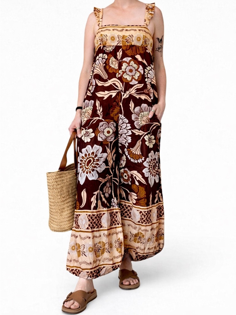 Free People Brown Floral Wide-Leg Jumpsuit With Cream Accents
